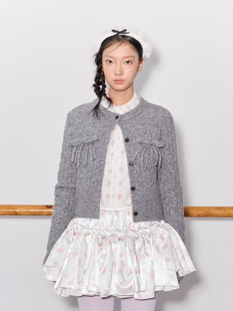 PER PEARL. Original Design Cable Knit Bow Tie Cardigan