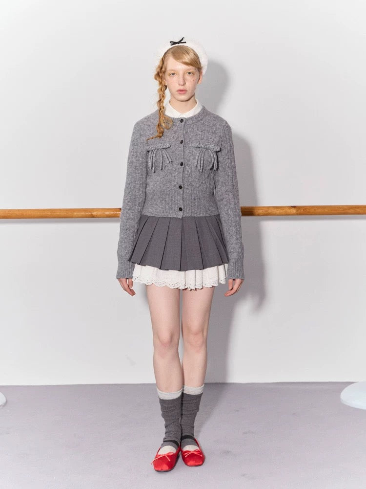 PER PEARL. Original Design Cable Knit Bow Tie Cardigan