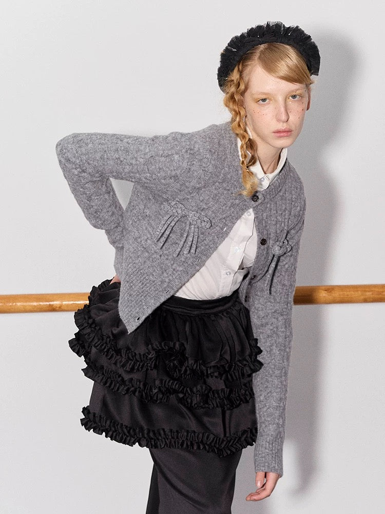 PER PEARL. Original Design Cable Knit Bow Tie Cardigan