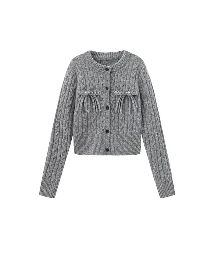 PER PEARL. Original Design Cable Knit Bow Tie Cardigan