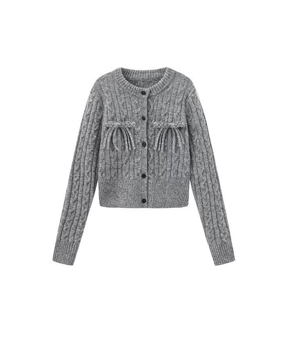 PER PEARL. Original Design Cable Knit Bow Tie Cardigan