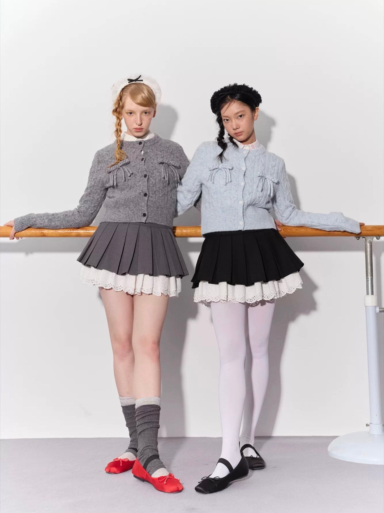 PER PEARL. Original Design Cable Knit Bow Tie Cardigan