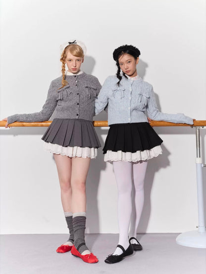 PER PEARL. Original Design Cable Knit Bow Tie Cardigan