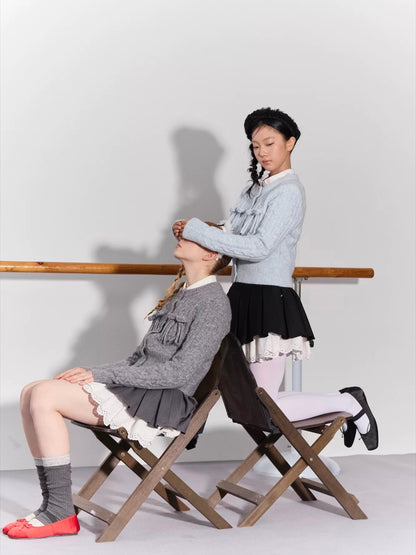 PER PEARL. Original Design Cable Knit Bow Tie Cardigan