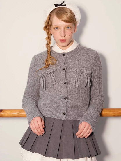 PER PEARL. Original Design Cable Knit Bow Tie Cardigan