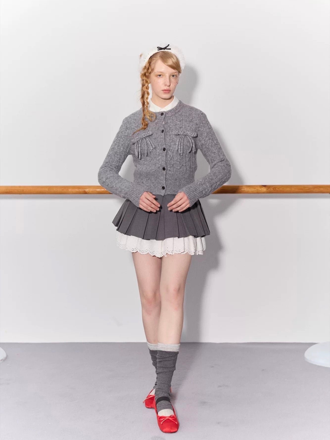PER PEARL. Original Design Cable Knit Bow Tie Cardigan