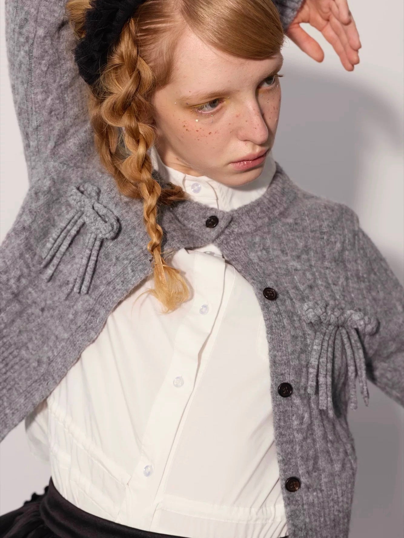 PER PEARL. Original Design Cable Knit Bow Tie Cardigan