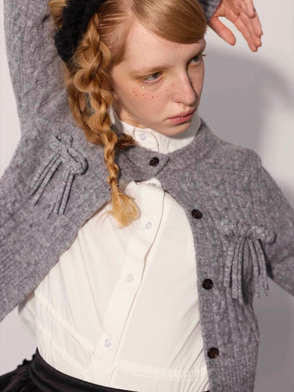 PER PEARL. Original Design Cable Knit Bow Tie Cardigan