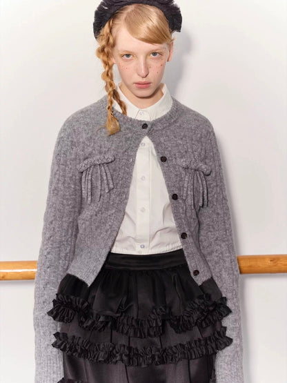 PER PEARL. Original Design Cable Knit Bow Tie Cardigan