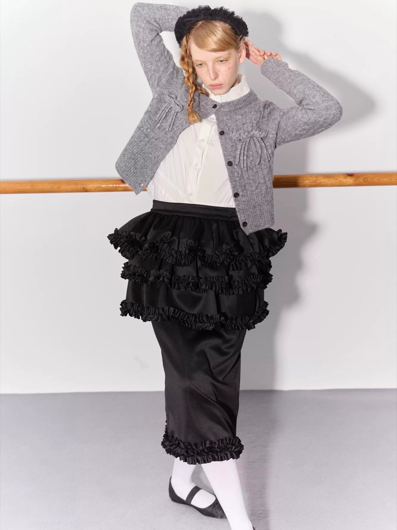 PER PEARL. Original Design Cable Knit Bow Tie Cardigan