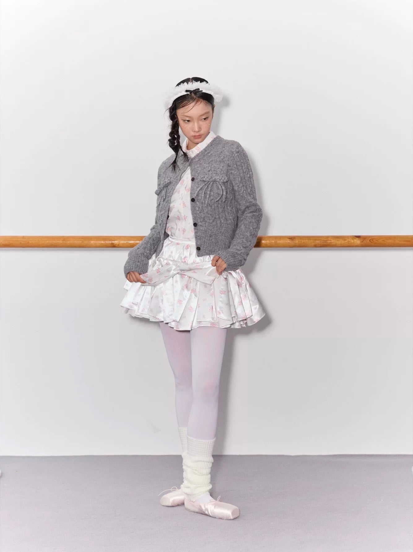 PER PEARL. Original Design Cable Knit Bow Tie Cardigan