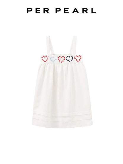 PER PEARL. Original Design Heart Embroidered Spaghetti Strap Dress
