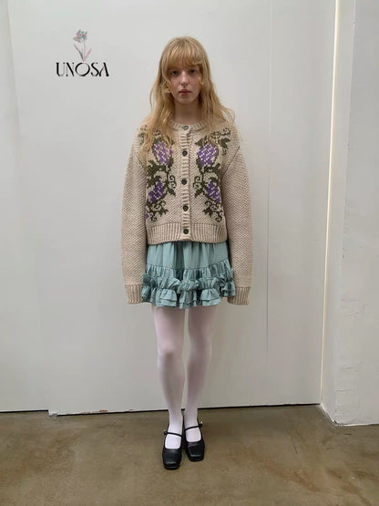 UNOSA. Original Design Grape-Pattern Jacquard Knit Cardigan Jacket