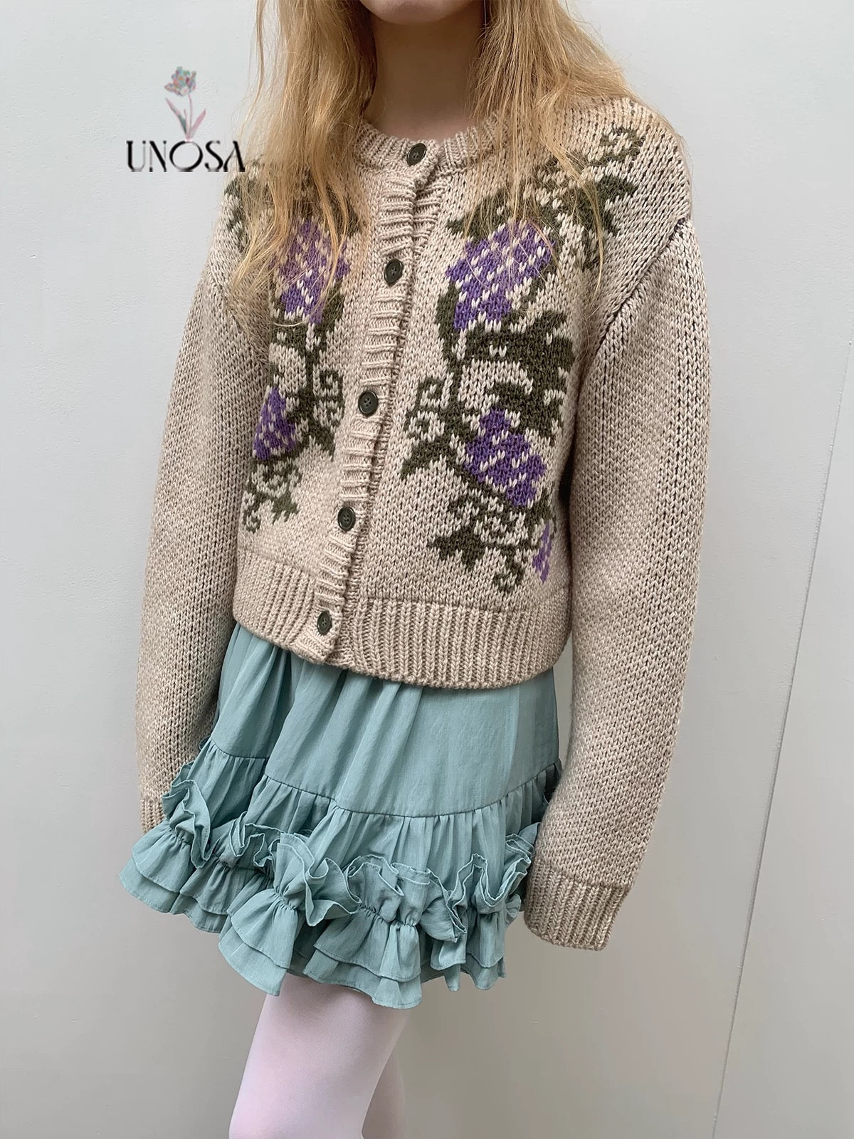 UNOSA. Original Design Grape-Pattern Jacquard Knit Cardigan Jacket