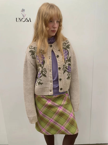 UNOSA. Original Design Grape-Pattern Jacquard Knit Cardigan Jacket