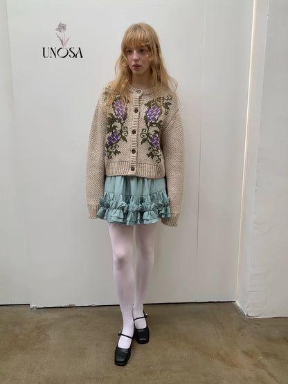 UNOSA. Original Design Grape-Pattern Jacquard Knit Cardigan Jacket