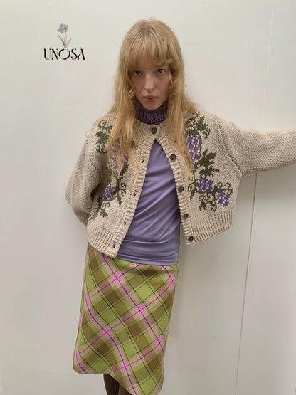 UNOSA. Original Design Grape-Pattern Jacquard Knit Cardigan Jacket