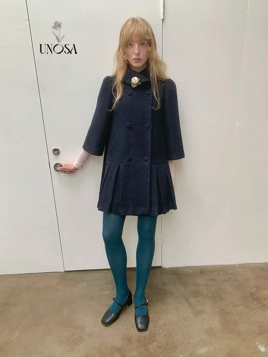 UNOSA. Original Design Navy Pleat Wool Coat