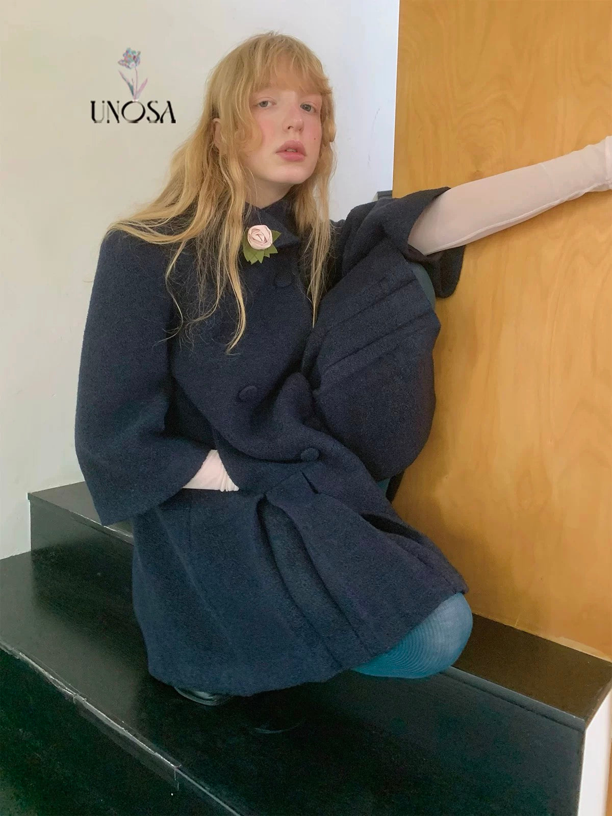 UNOSA. Original Design Navy Pleat Wool Coat