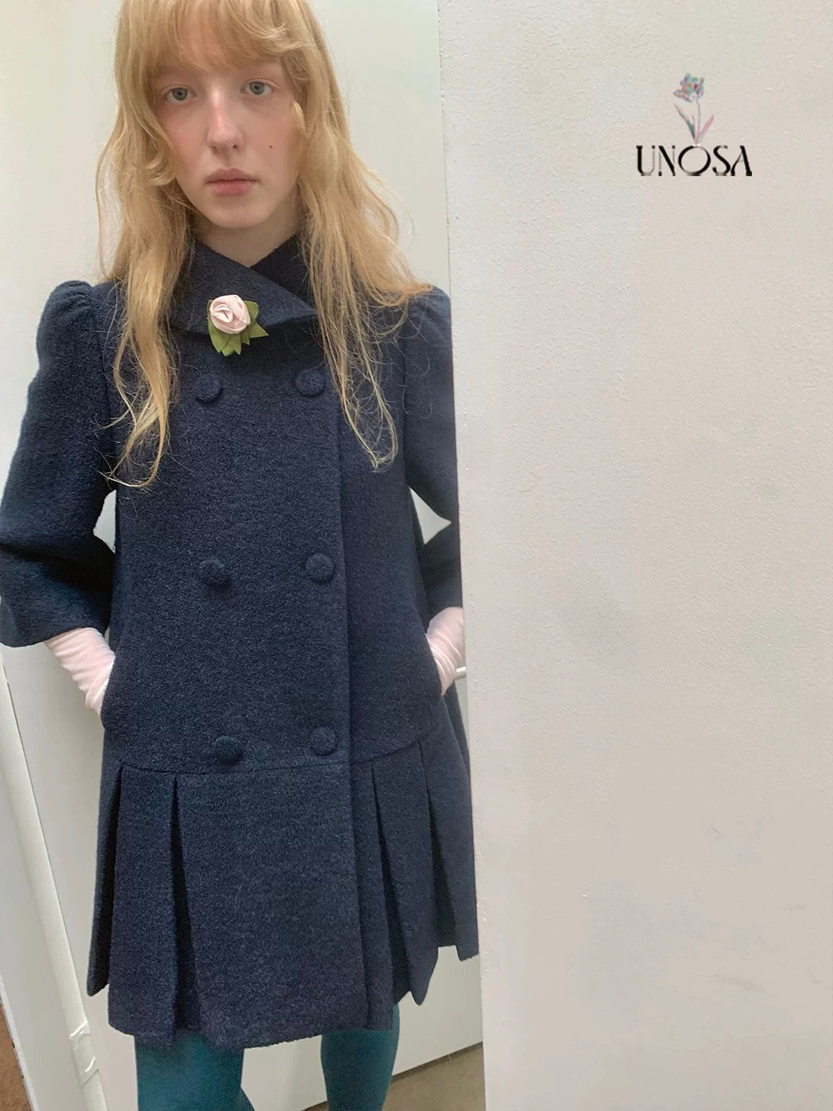 UNOSA. Original Design Navy Pleat Wool Coat