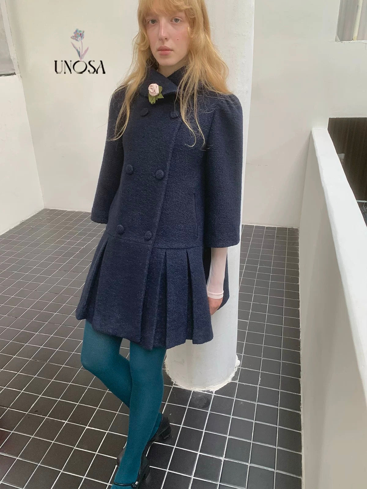 UNOSA. Original Design Navy Pleat Wool Coat
