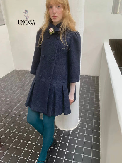 UNOSA. Original Design Navy Pleat Wool Coat