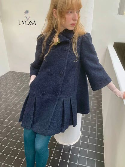 UNOSA. Original Design Navy Pleat Wool Coat