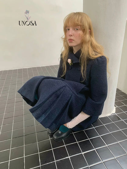 UNOSA. Original Design Navy Pleat Wool Coat