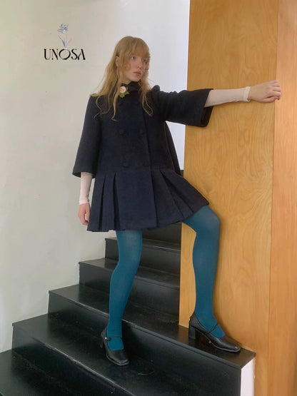 UNOSA. Original Design Navy Pleat Wool Coat