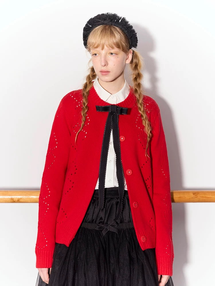 PER PEARL. Original Design Heart Cutout Bow Knit Cardigan