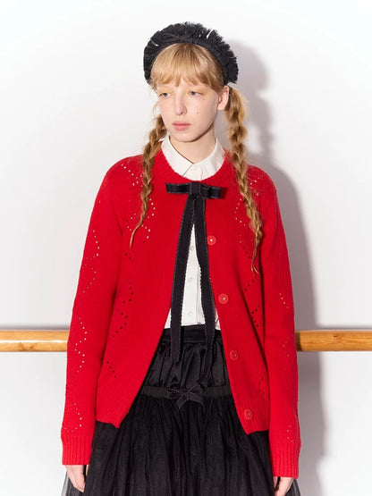 PER PEARL. Original Design Heart Cutout Bow Knit Cardigan