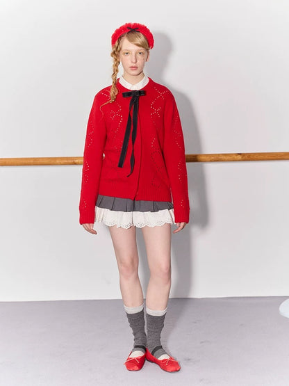 PER PEARL. Original Design Heart Cutout Bow Knit Cardigan