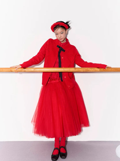 PER PEARL. Original Design Heart Cutout Bow Knit Cardigan