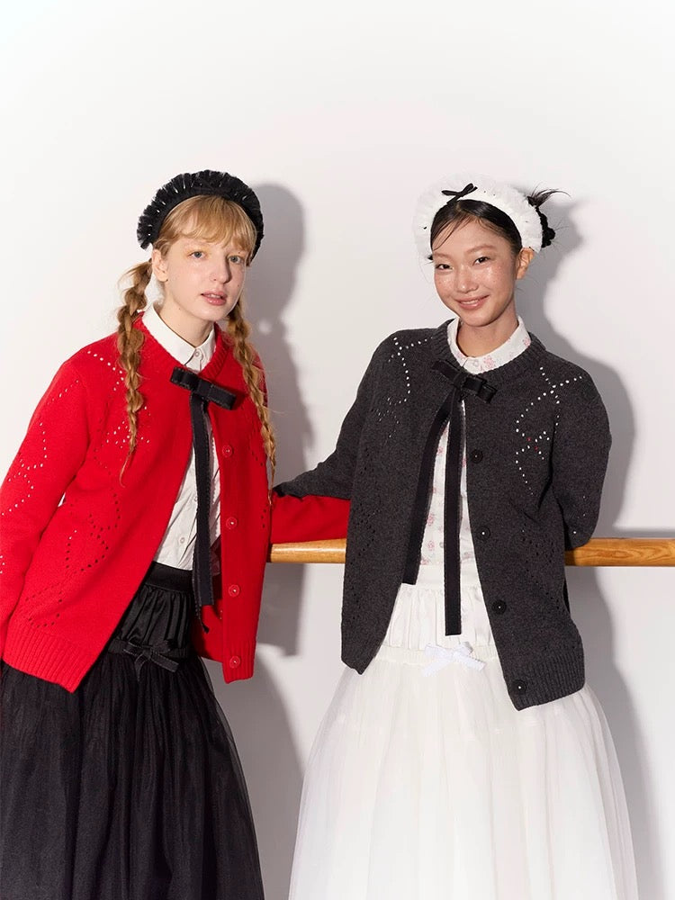 PER PEARL. Original Design Heart Cutout Bow Knit Cardigan