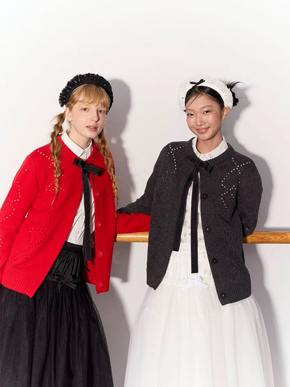 PER PEARL. Original Design Heart Cutout Bow Knit Cardigan