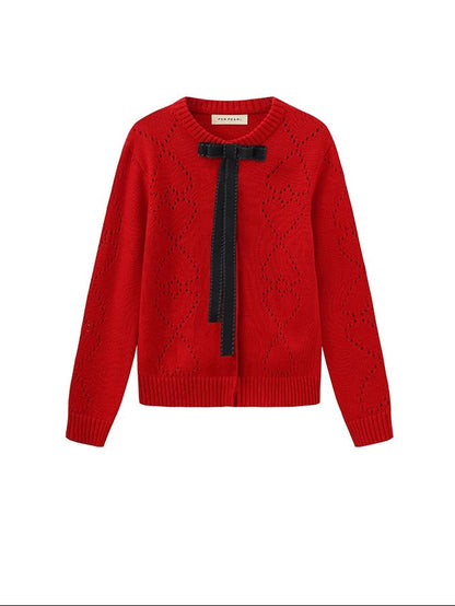 PER PEARL. Original Design Heart Cutout Bow Knit Cardigan
