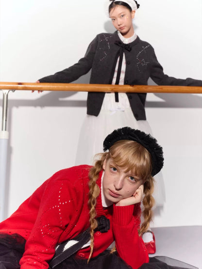 PER PEARL. Original Design Heart Cutout Bow Knit Cardigan