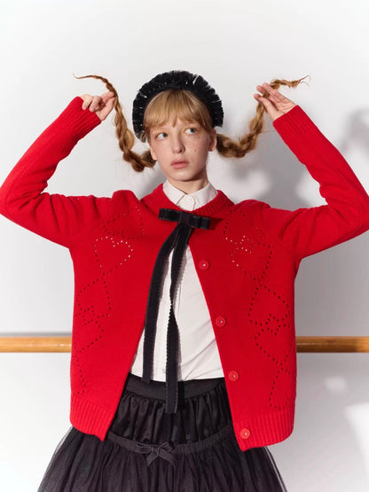 PER PEARL. Original Design Heart Cutout Bow Knit Cardigan