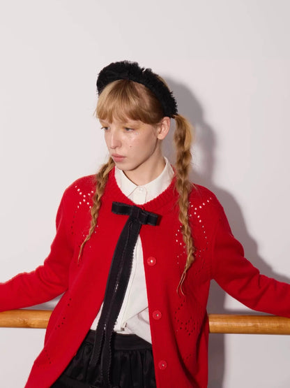 PER PEARL. Original Design Heart Cutout Bow Knit Cardigan
