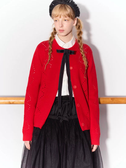 PER PEARL. Original Design Heart Cutout Bow Knit Cardigan