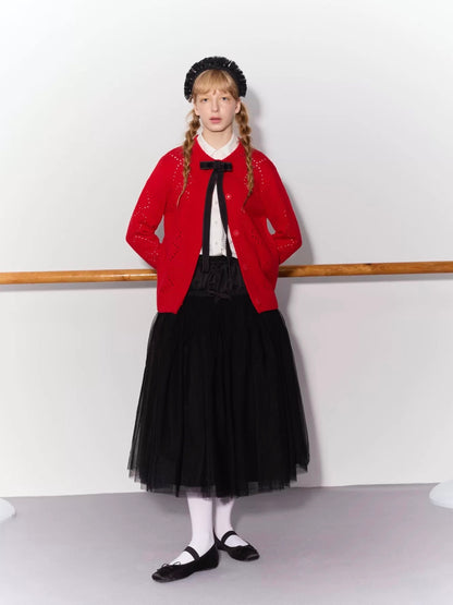 PER PEARL. Original Design Heart Cutout Bow Knit Cardigan