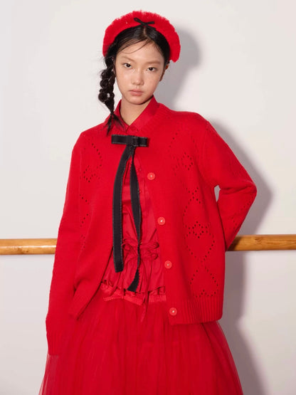 PER PEARL. Original Design Heart Cutout Bow Knit Cardigan