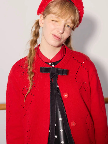 PER PEARL. Original Design Heart Cutout Bow Knit Cardigan