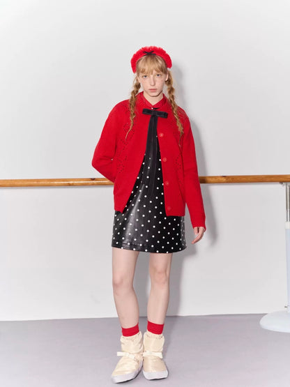 PER PEARL. Original Design Heart Cutout Bow Knit Cardigan