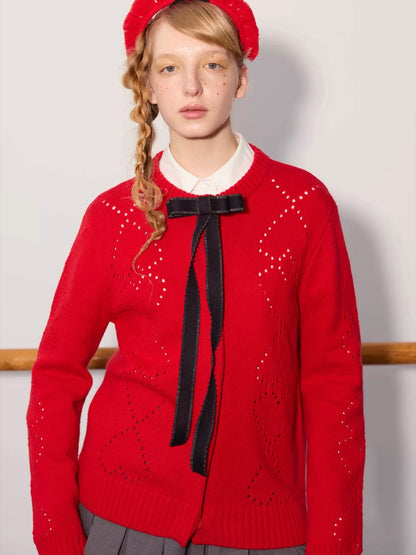 PER PEARL. Original Design Heart Cutout Bow Knit Cardigan