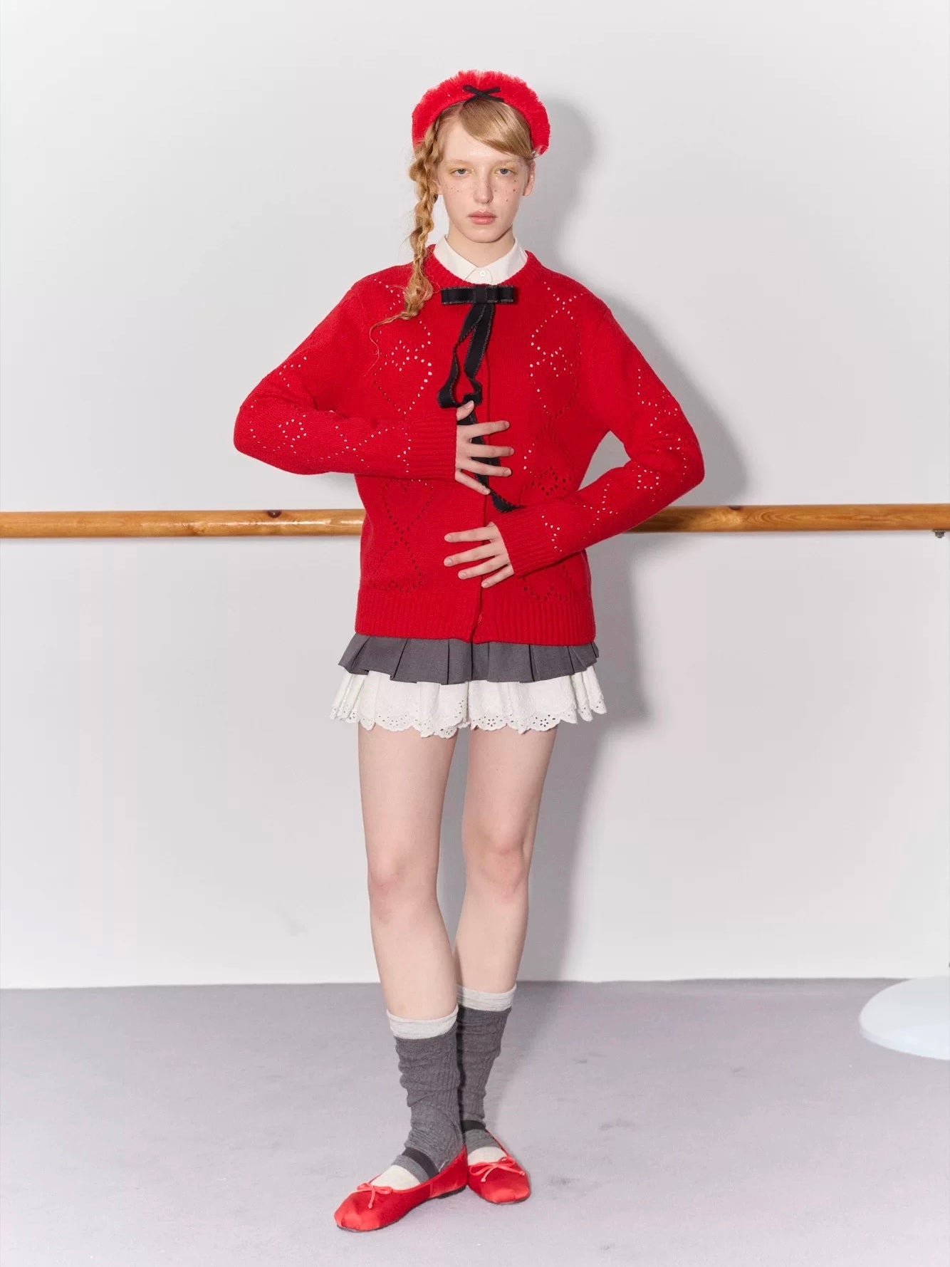 PER PEARL. Original Design Heart Cutout Bow Knit Cardigan