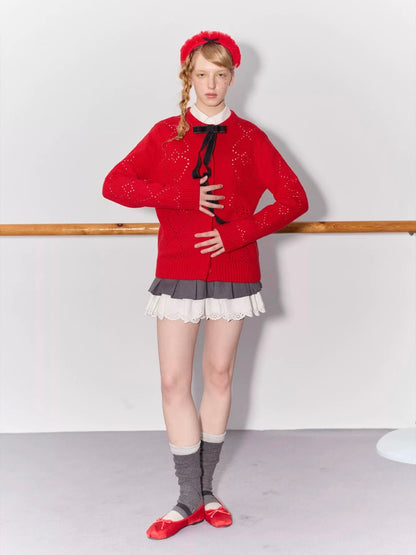PER PEARL. Original Design Heart Cutout Bow Knit Cardigan
