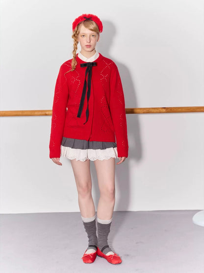 PER PEARL. Original Design Heart Cutout Bow Knit Cardigan