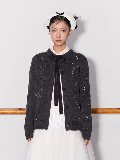 PER PEARL. Original Design Heart Cutout Bow Knit Cardigan