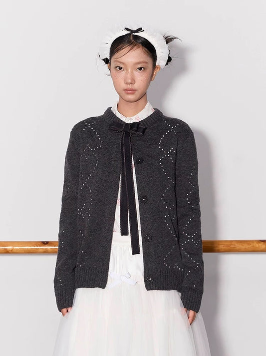 PER PEARL. Original Design Heart Cutout Bow Knit Cardigan